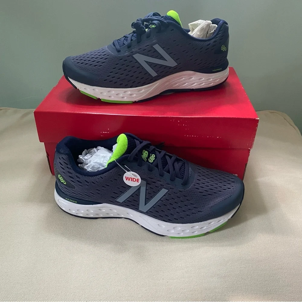 Men’s New Balance 680 v6 running shoes in Gray, Navy, and Lime Green 10.5 4E XW